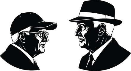 Vintage men profile silhouette illustration, elderly gentlemen wearing hats facing each other, classic retro portrait style isolated white background design © Bappi Creatives
