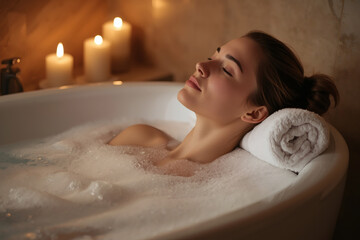 Naklejka premium Close-up of a beautiful woman without makeup. She is taking a bubble bath. In the background is a bathroom interior and candles. The concept of spa and relaxation.