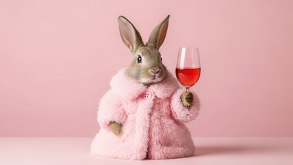 Fashionable bunny in pink fluffy coat holding glass of red wine against solid pink studio background