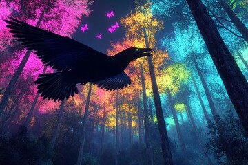 Fototapeta premium Giant bird soars above vibrant forest filled with colorful trees and magical atmosphere in daytime