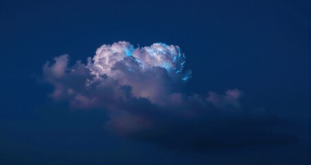 Dramatic blue illuminated cloud formation against a dark blue sky, resembling a thunderstorm or lightning display with vibrant electric blue flashes and soft pink hues in the clouds.