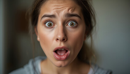 Surprised young woman with wide eyes and open mouth expressing shock and concern