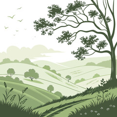 Obraz premium Serene landscape with rolling hills and towering trees beneath a soft sky