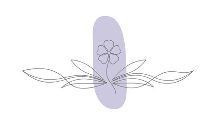 Minimalist vector flower logo with purple oval and leaves, for branding or icon