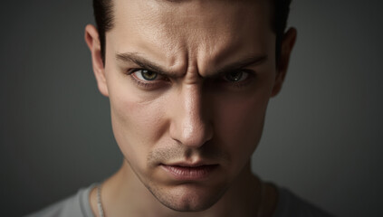 Fototapeta premium Angry young man portrait with intense stare and furrowed brow, dramatic lighting