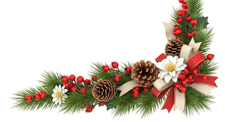 Christmas Garland with Pine Cones, Berries, and a White Flower