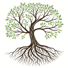 A detailed illustration of a tree with extensive roots and branching canopy