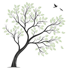Obraz premium A serene tree with green foliage and a flying bird in a clear sky background