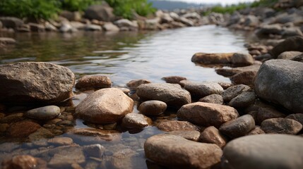 Fototapeta premium Close up view of wet river rocks in a clear shallow stream with gentle ripples on a natural riverbank