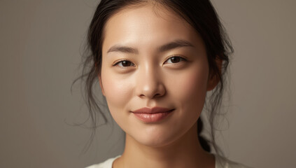 Young Asian woman with calm smile and natural makeup in soft studio light