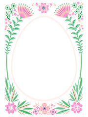 Happy Easter! Greeting frame with decorated Easter eggs, flowers, plants. Picture for poster, invitation, postcard or background. Painted and Ornamental Eggs. Creative Easter and Spring Frame. Vector