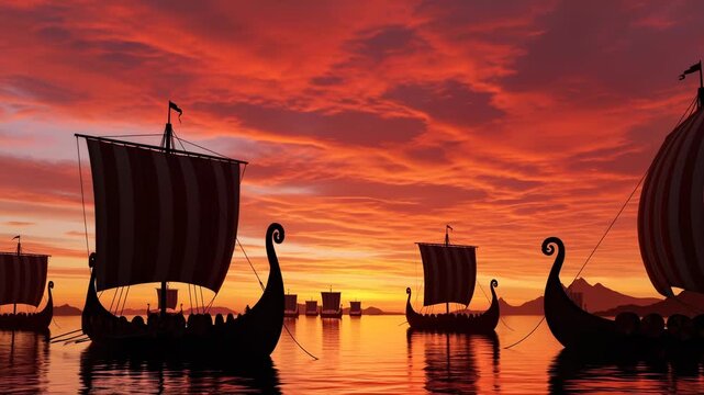 Viking ships sailing at sunset or sunrise during a journey across the sea, longships with striped sails on calm water, historical war scene