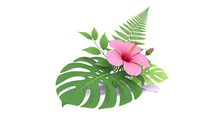 Pink Hibiscus with Tropical Leaves and Fern