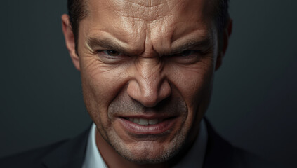 Fototapeta premium Angry man portrait with furrowed brow and clenched jaw, dramatic studio lighting