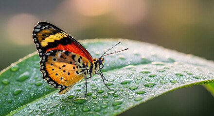 Obraz premium Closeup Of A Colorful Butterfly Resting Gently On A Dewy Green Leaf