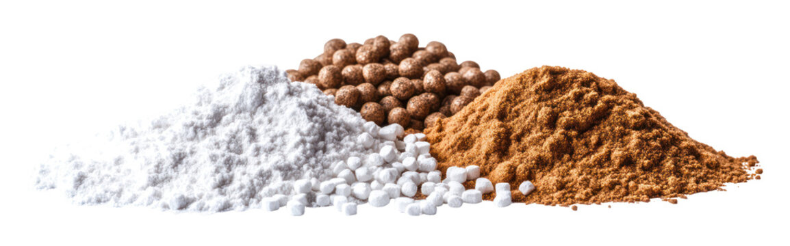 Single super phosphate fertilizer powder DAP pellets and muriate of potash on transparent background