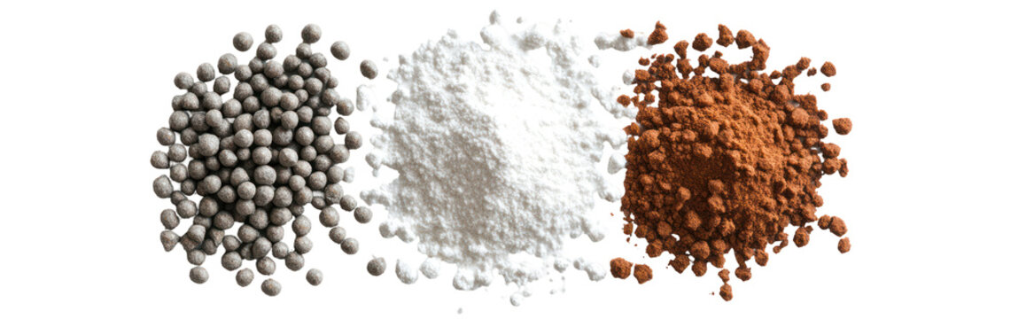 Single super phosphate fertilizer powder DAP pellets and muriate of potash on transparent background