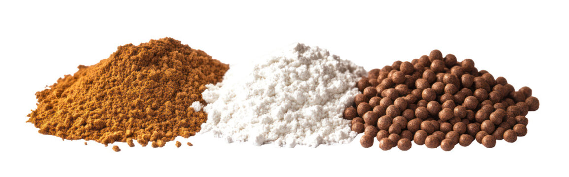 Single super phosphate fertilizer powder DAP pellets and muriate of potash on transparent background