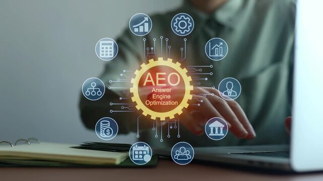 Working on answer engine optimization with various tools and icons to enhance online presence and performance in digital marketing.