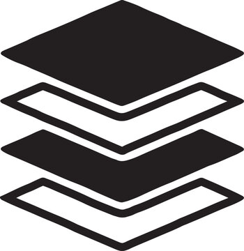 Isometric stack of flat layers, symbolizing neural network layers, data stacking, software architecture, and full-stack development, designed as a clean black vector icon