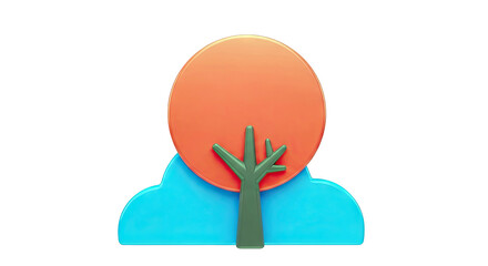 3D stylized tree with red foliage and blue cloud