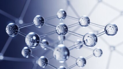 Abstract representation of a molecular structure with interconnected clear spheres and a blue hue.