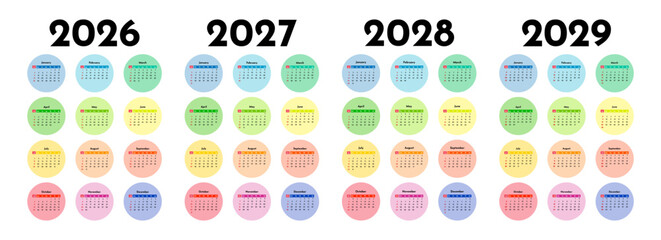 Set of calendars for 2026, 2027, 2028 and 2029 on a white background