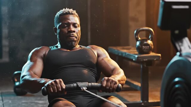 Muscular athlete rows on machine in gym training. Man exercises with rowing equipment sweating. Athlete pulls rowing machine handles. Gym workout shows muscular man training. Intense rowing.