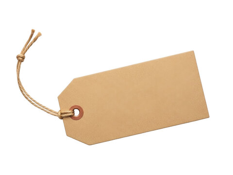 A close-up view of a brown paper shipping label with a string attached. isolated on transparent background