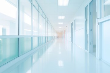 Long, clean corridor of a clinic with white walls and glass panels