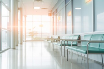 Fototapeta premium Empty hospital waiting area with chairs along a bright, sunlit corridor