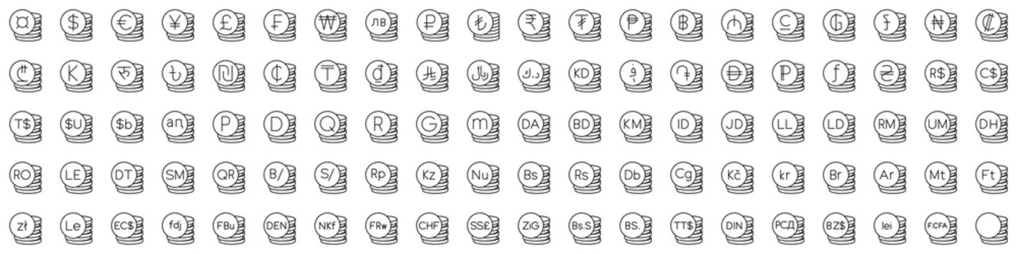 World currency coin icons set, money and symbol concepts.