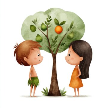 Whimsical watercolor cartoon of adam and eve with tree in garden, ideal for children's story or educational design on white background