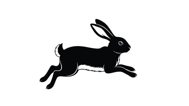 a black rabbit leaping forward in a dynamic pose silhouette