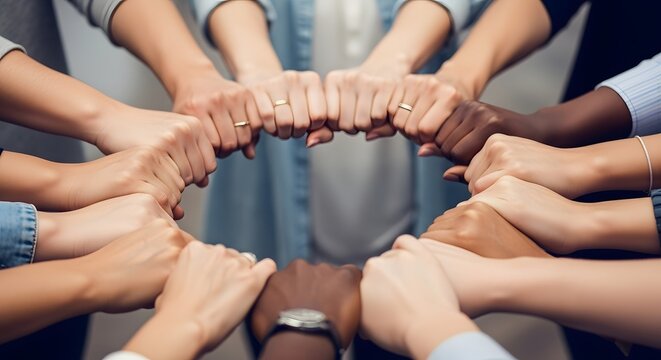 Diverse group of people joining hands together in a circle of unity and teamwork.