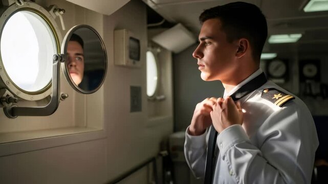 Young navy man adjusting uniform tie in boat cabin. Military officer in uniform getting dressed on ship. Marine preparing for duty at sea.