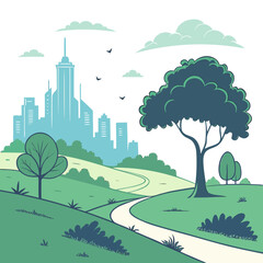 A serene fantasy landscape with a castle atop a distant hill and winding path through nature