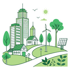 Modern urban landscape with green spaces and sustainable transportation options