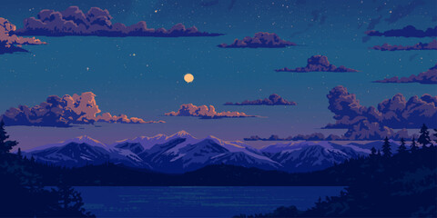 Vector illustration of a dark winter landscape featuring snowy mountains and a blue moon reflecting on the night sea under a starry sky with clouds © NusratJahan