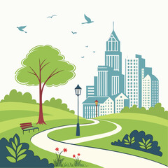 Serene cityscape with winding road and green parkland under a clear sky