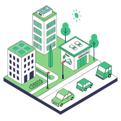 Modern urban area with buildings, roads, and green spaces illustrated in a minimalist style