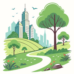 A serene cityscape blending nature with urban architecture in a harmonious landscape.