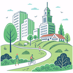 Modern cityscape with green spaces and winding road in a sunny day