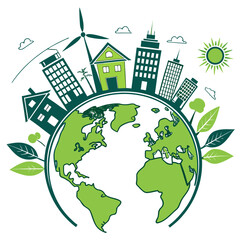 Sustainable future with renewable energy and global harmony depicted on a green planet