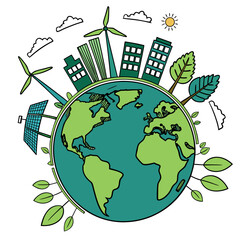 A sustainable future with renewable energy sources and green technology integrated into the world