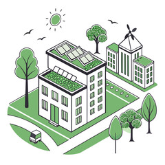 Modern eco-friendly residential buildings with renewable energy sources and greenery