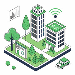 Modern smart city with connected buildings and wireless technology integration