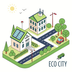 A charming isometric illustration of a suburban neighborhood with eco-friendly focus