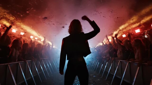 performer raises fist on stage. silhouette fills stage under lights and smoke. crowd cheers and surges forward. people reach toward performer. beat drives motion and hands rise in unison now.