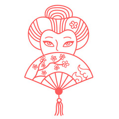 japanese woman with fan contour illustration
